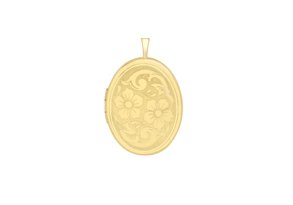 9ct Yellow Gold Etched  Flower Detail Oval Locket