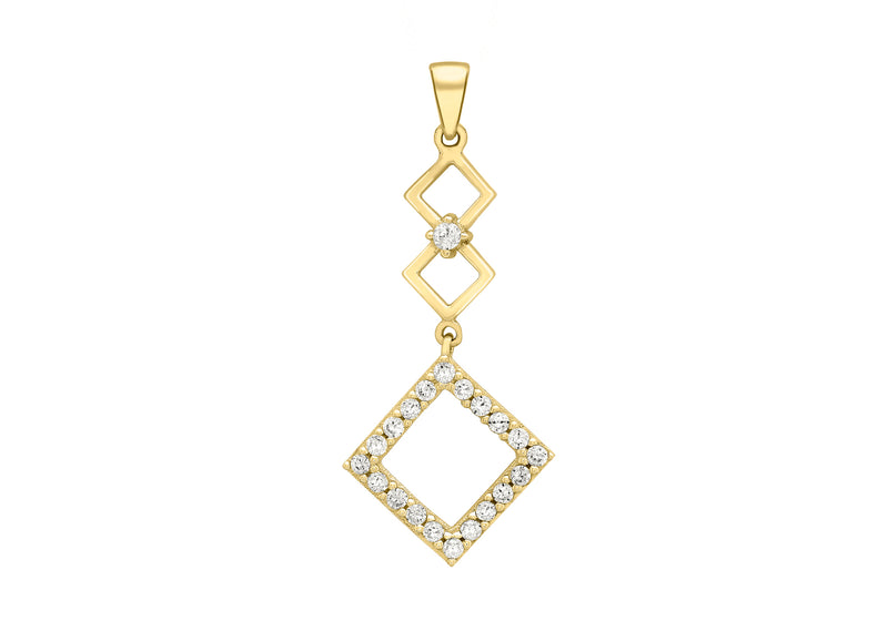 9ct Yellow Gold Zirconia  14mm x 30mm 3-Squares Drop Pendant