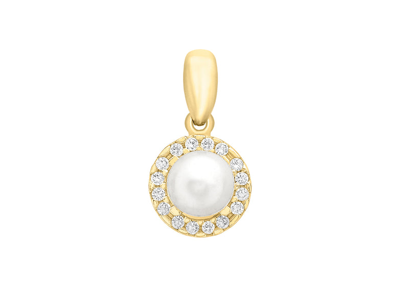9ct Yellow Gold Zirconia  and Pearl 8mm x 15mm Pendant