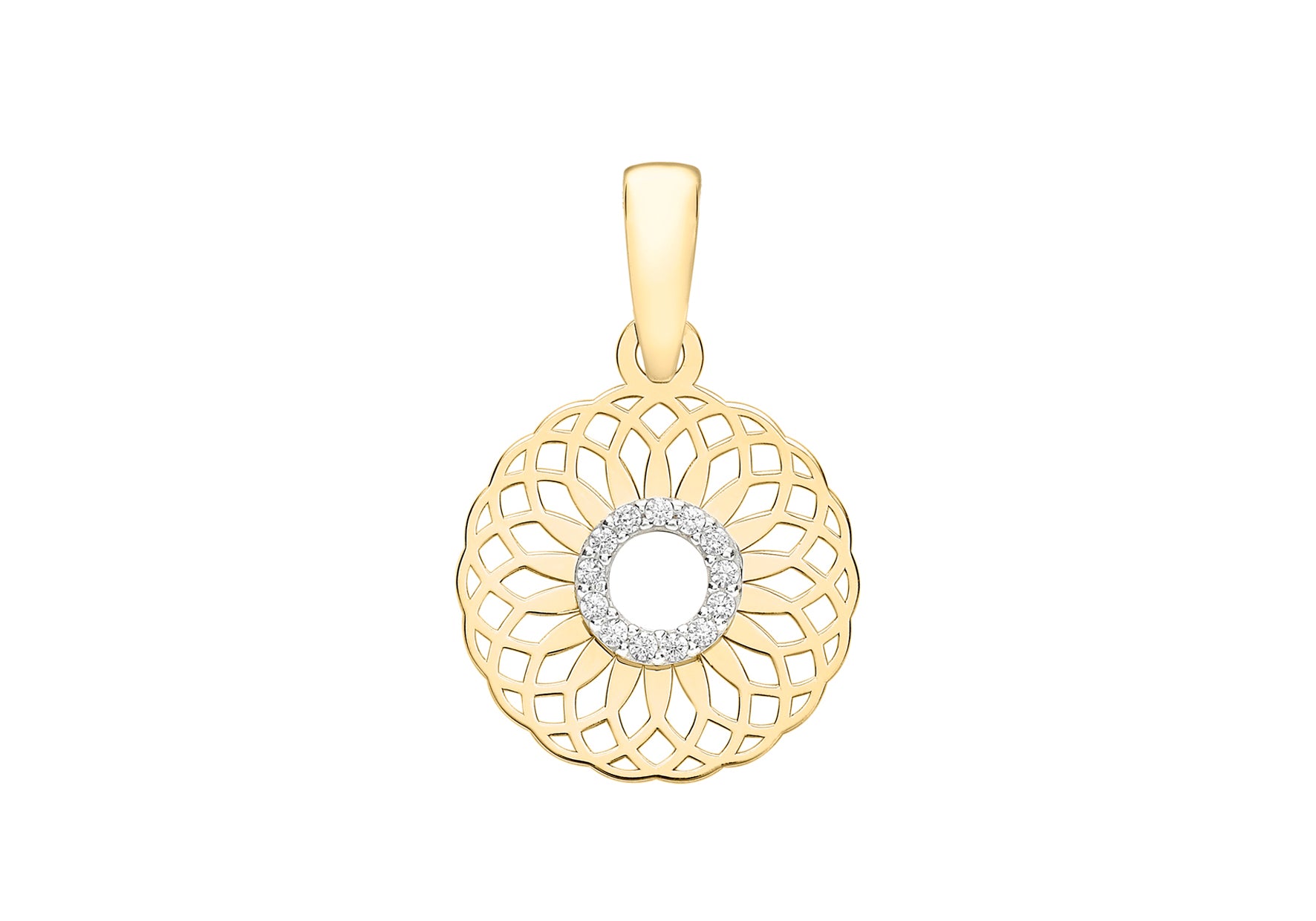 9ct Yellow Gold Zirconia  Circle 13.5mm Overlapping Spiral Pendant