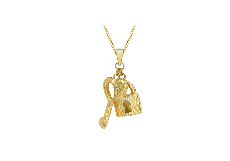 9ct Yellow Gold Diamond Cut Key & Padlok Pendant