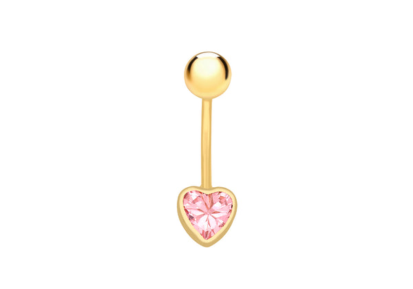 9ct Yellow Gold Pink Zirconia  6mm x 21mm Heart Belly Bar9