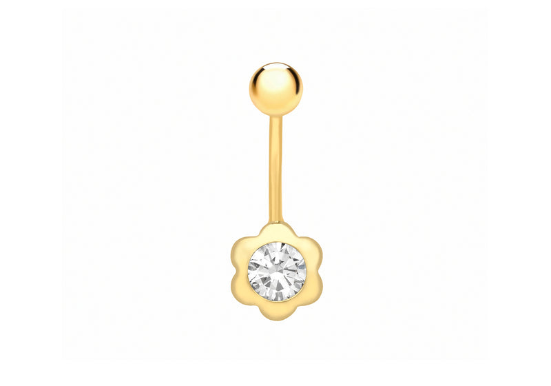 9ct Yellow Gold Zirconia  Flower Belly Bar9