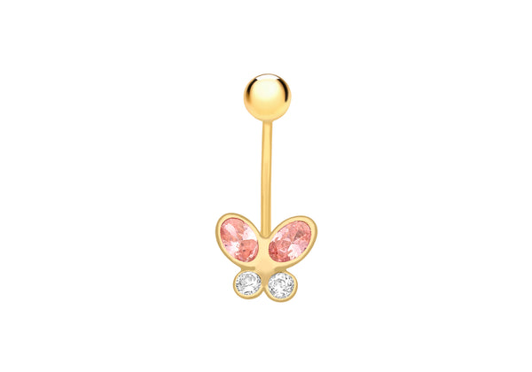 9ct Yellow Gold Pink & White Zirconia Butterfly Belly Bar
