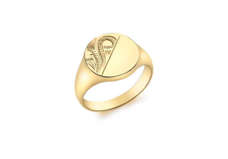 9ct Yellow Gold Half Engraved 13.2mm Round Signet Ring