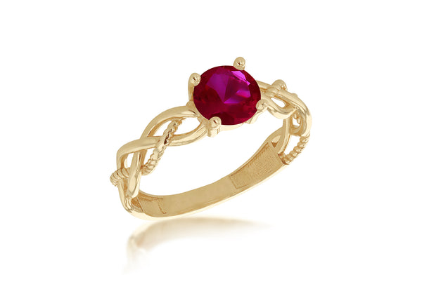 9ct Yellow Gold Red Zirconia Plaited Solitaire Ring