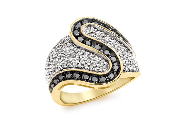 9ct Yellow Gold 1.00t Black and White Diamond Wave Detail Ring