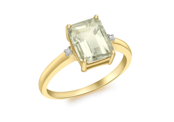9ct Yellow Gold 0.01t Diamond and Green Amethyst Rectangular Ring