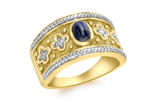 9ct 2-Colour Gold 0.05t Diamond and Cabochon Sapphire Rope Edge Ring