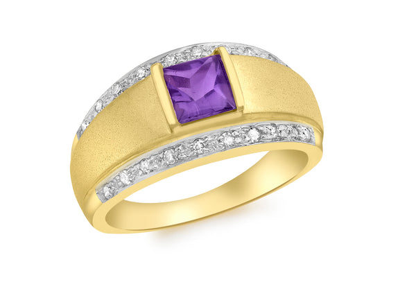 9ct Yellow Gold 0.17t Diamond and Square Amethyst Ring