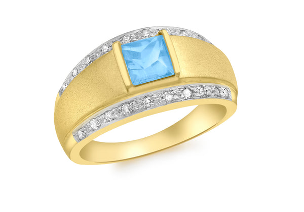 9ct Yellow Gold 0.17t Diamond and Square Blue Topaz Ring