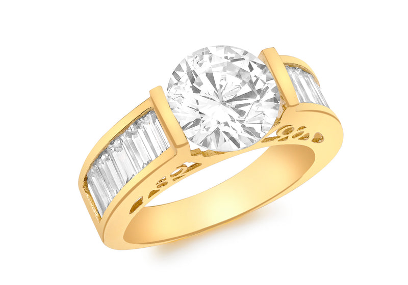 9ct Yellow Gold Round and Baguette Zirconia  CutoCut Detail Ring