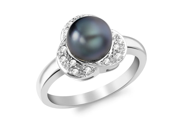 9ct White Gold 0.10ct Diamond Flower and Grey Pearl Ring