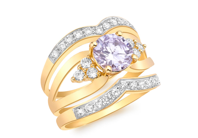 9ct Yellow Gold Triple Ring Set with Lavender and White Zirconia 9