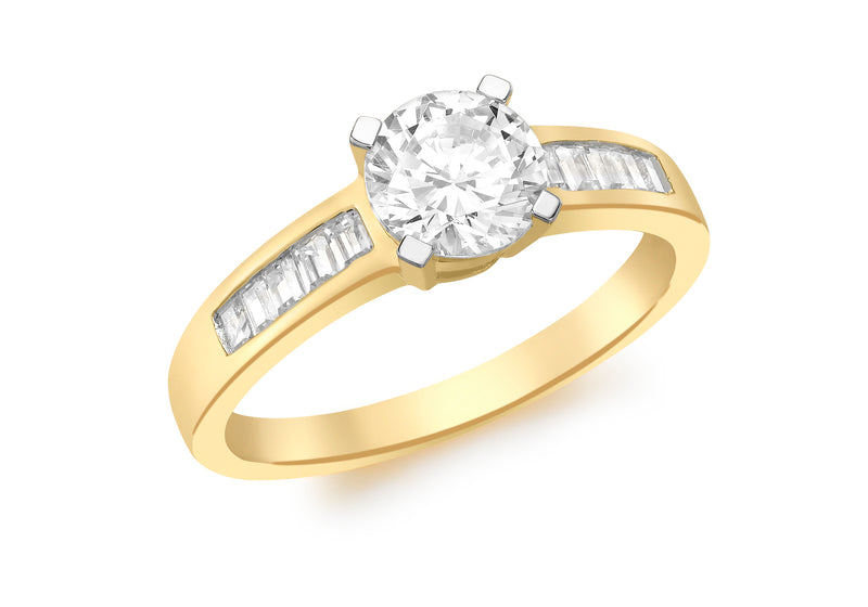 9ct Yellow Gold Solitaire Zirconia  and Baguette Zirconia  Shoulder Ring