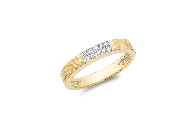 9ct Gold 0.10ct Diamond Paved Hammered Band Ring