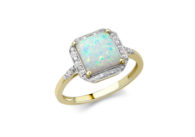 9ct Yellow Gold 0.03ct Diamond and Opal Halo Ring