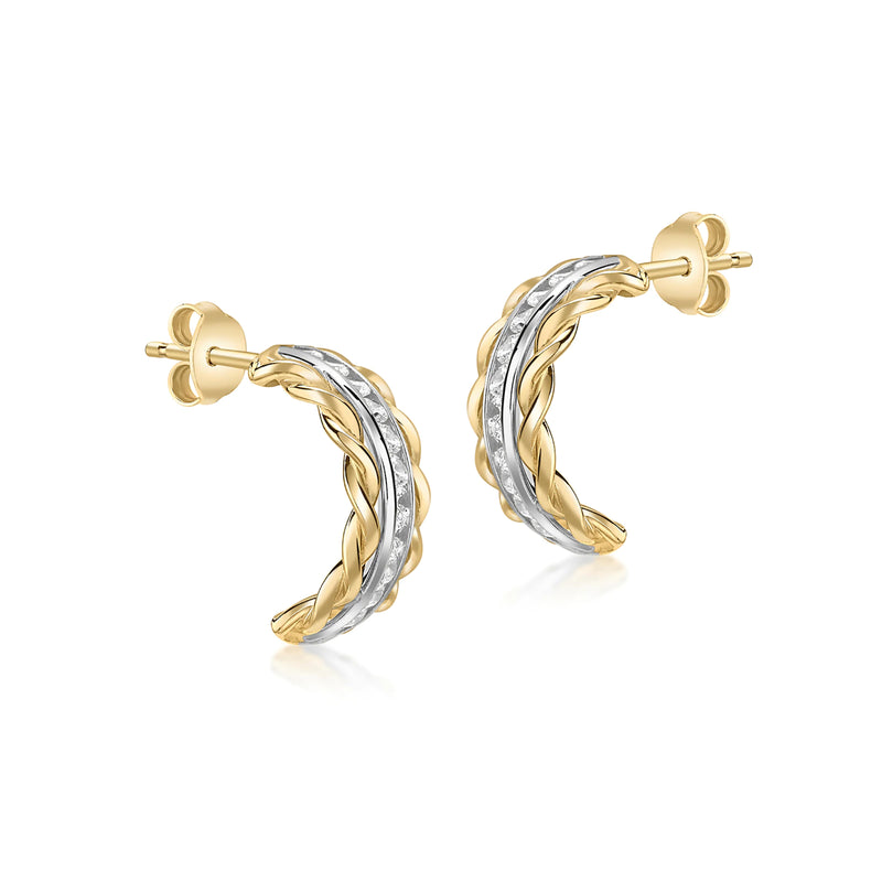 9ct 2-Colour Gold Zirconia Twist Curved Bar Drop Earrings