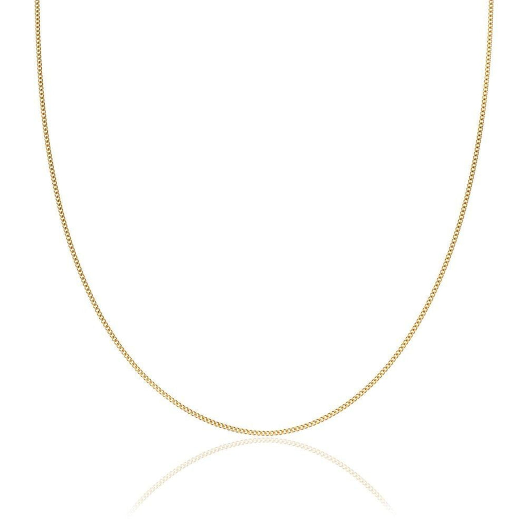 A delicate yellow gold chain necklace displayed in a U-shape against a solid white background, with a faint reflection visible below.