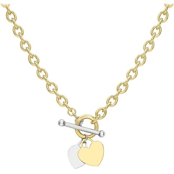 9ct 2-Colour Gold Heart Charm T-Bar Oval Belcher Chain Necklace