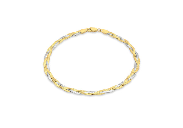 9ct 2-Colour Gold 3mm Diamond Cut 3-Plait Herringbone Bracelet 19m/7.5"9