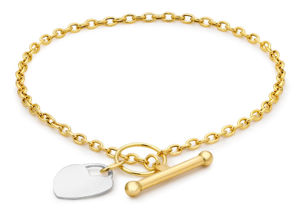 9ct 2-Colour Gold 11.8mm x 13.2mm Heart Charm T-Bar Bracelet 19m/7.5"9