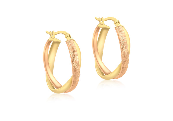 9ct 2-Colour Gold Diamond Cut Double Oval Creole Earrings