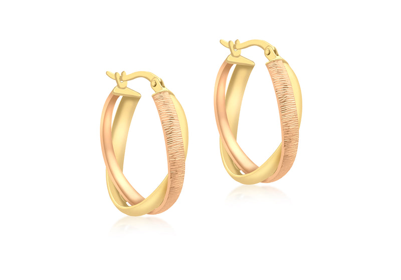 9ct 2-Colour Gold Diamond Cut Double Oval Creole Earrings