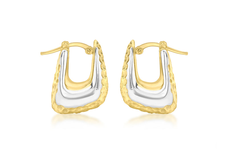 9ct 2-Tone Gold Textured Retangle Eletroform Hoop Earrings