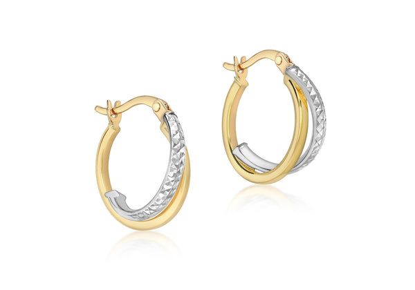 9ct 2-Colour Gold Crossover Diamond Cut and Plain 16mm Creole Earrings