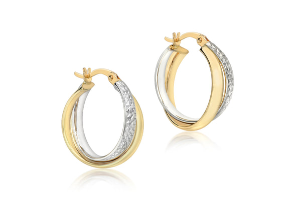 9ct 2-Colour Gold Crossover Diamond Cut and Plain 18mm Creole Earrings