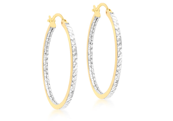 9ct 2-Colour Gold 28mm Diamond Cut Creole Earrings