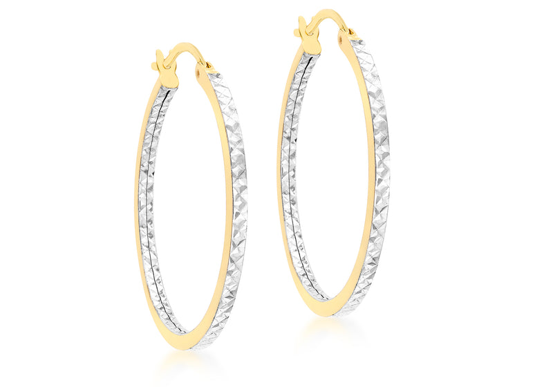 9ct 2-Colour Gold 28mm Diamond Cut Creole Earrings