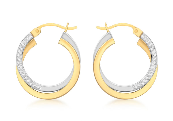 9ct 2-Colour Gold 20mm Diamond Cut Crossover Creole Earrings