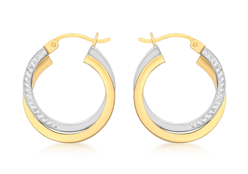 9ct 2-Colour Gold 20mm Diamond Cut Crossover Creole Earrings