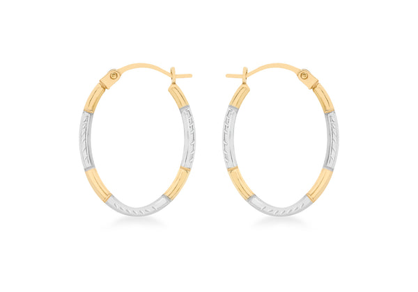 9ct 2-Colour Gold 14mm x 20mm Diamond Cut Oval Creole Earrings