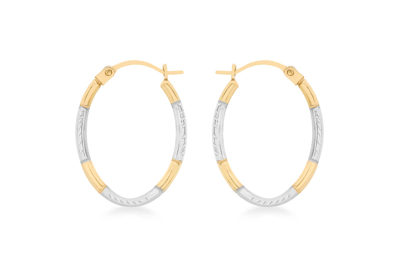 9ct 2-Colour Gold 14mm x 20mm Diamond Cut Oval Creole Earrings