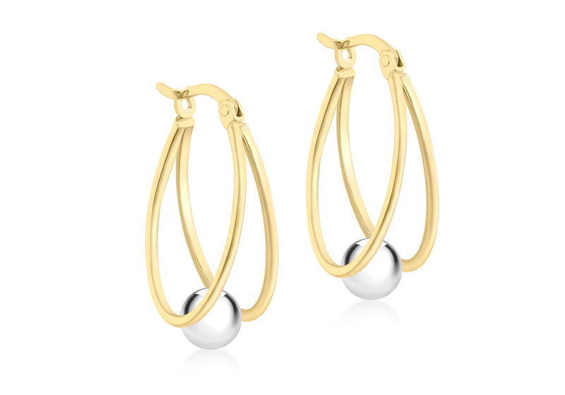 9ct 2-Colour Gold Double Loop and Ball Creole Earrings