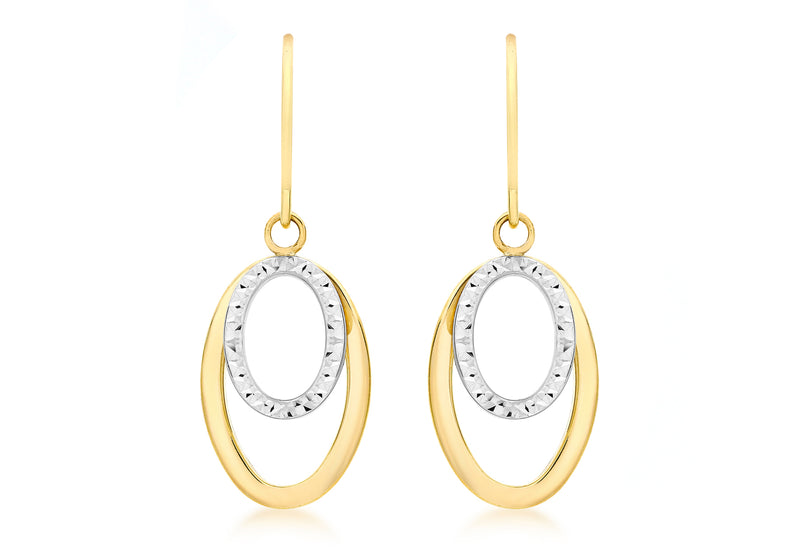9ct 2-Colour Gold Diamond Cut Double Oval Drop Earrings