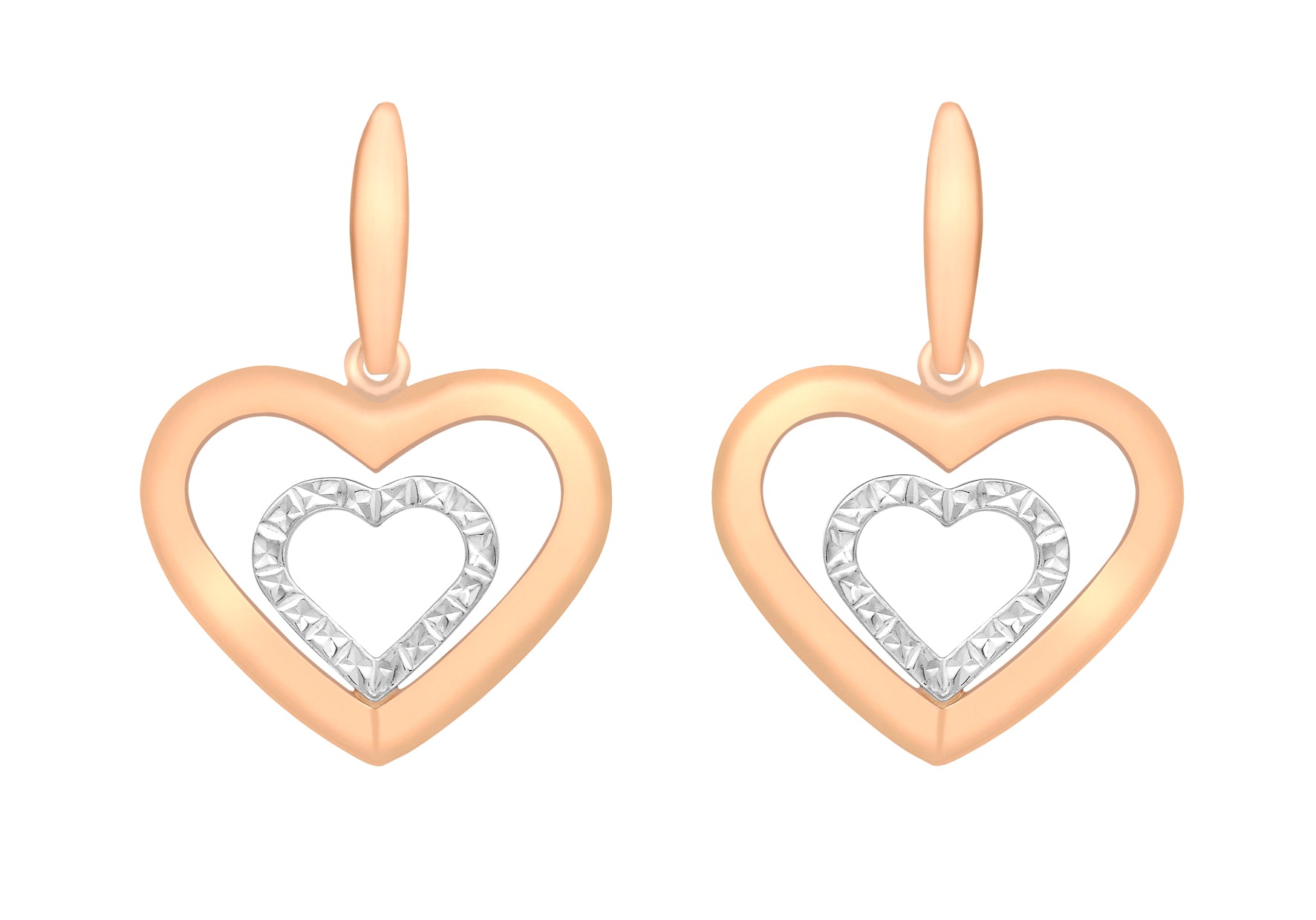 9ct 2-Colour Gold Diamond Cut Double-Heart Drop Earrings