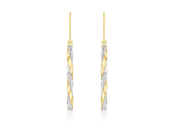 9ct 2-Colour Gold 2.85mm x 48mm Twist Diamond Cut Pole Drop Earrings