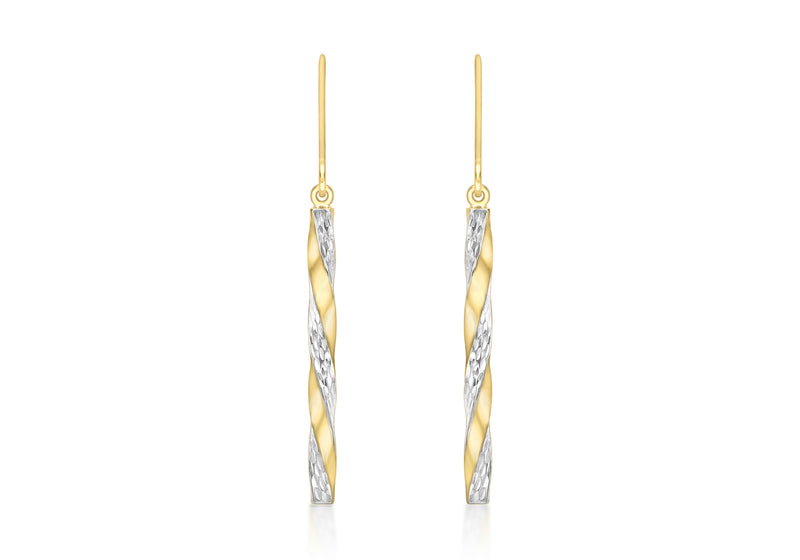 9ct 2-Colour Gold 2.85mm x 48mm Twist Diamond Cut Pole Drop Earrings