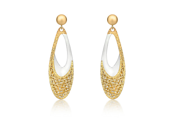 9ct 2-Colour Gold 11.5 x 40mm Oblong Teardrop Fretwork Drop Earrings