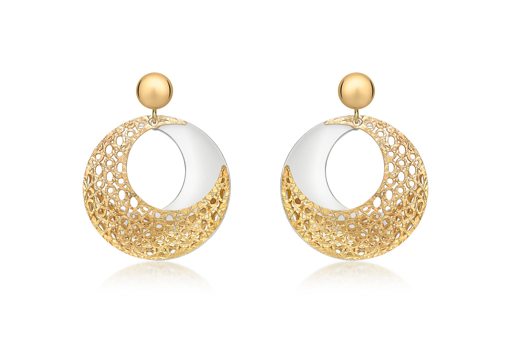 9ct 2-Colour Gold Round Fretwork Drop Earrings