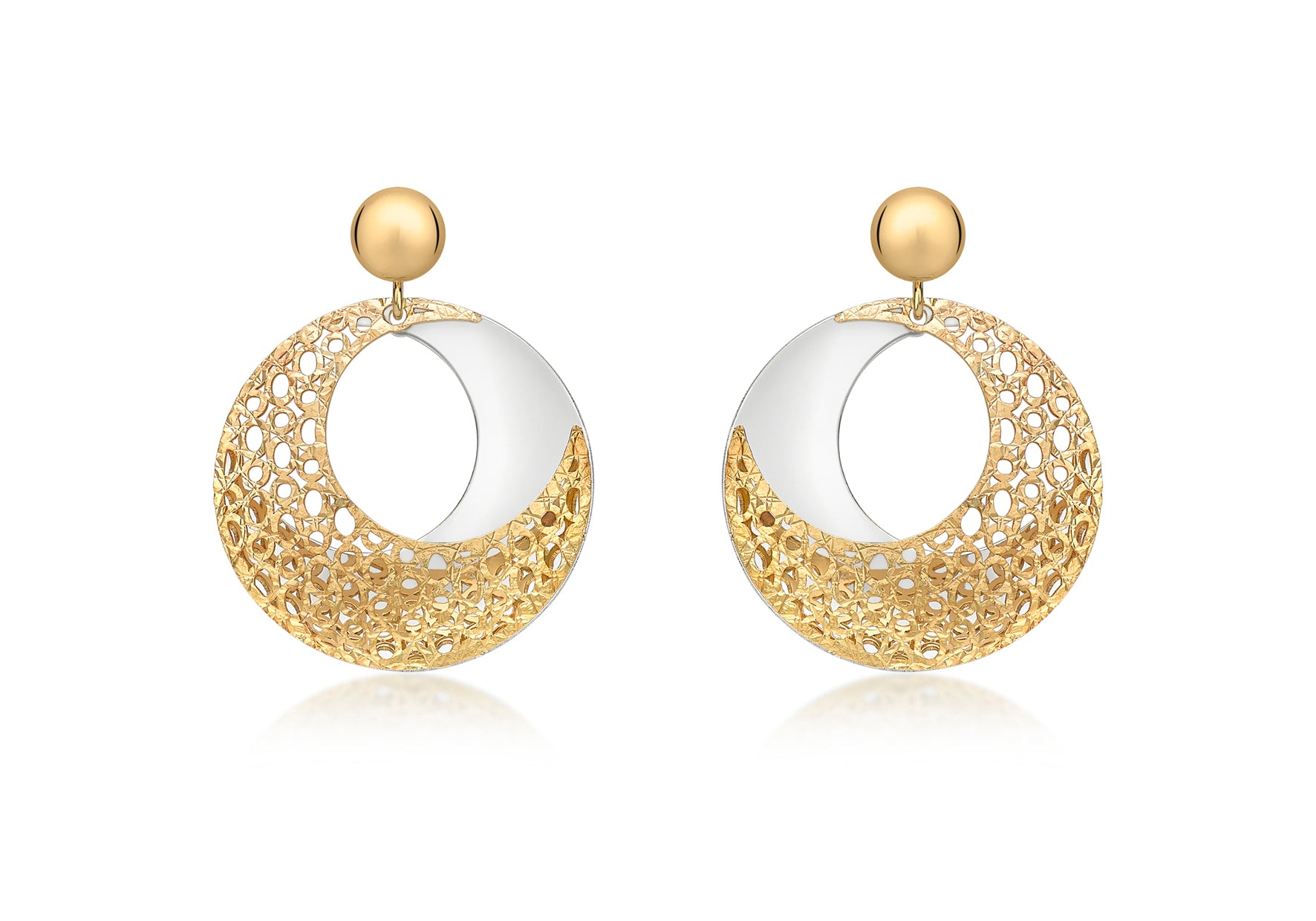 9ct 2-Colour Gold Round Fretwork Drop Earrings