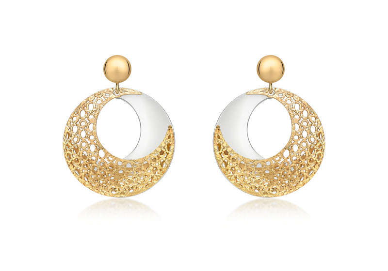 9ct 2-Colour Gold Round Fretwork Drop Earrings