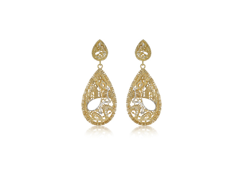 9ct 2-Tone Gold 19.6mm x 47.5mm Diamond Cut Lace-Style Teardrop Earrings