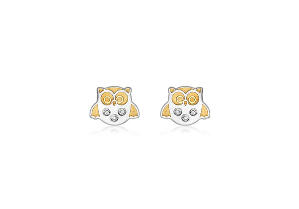 9ct 2-Colour Gold Zirconia  Owl Stud Earrings