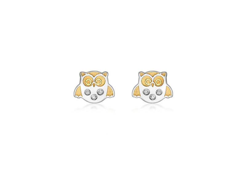 9ct 2-Colour Gold Zirconia  Owl Stud Earrings