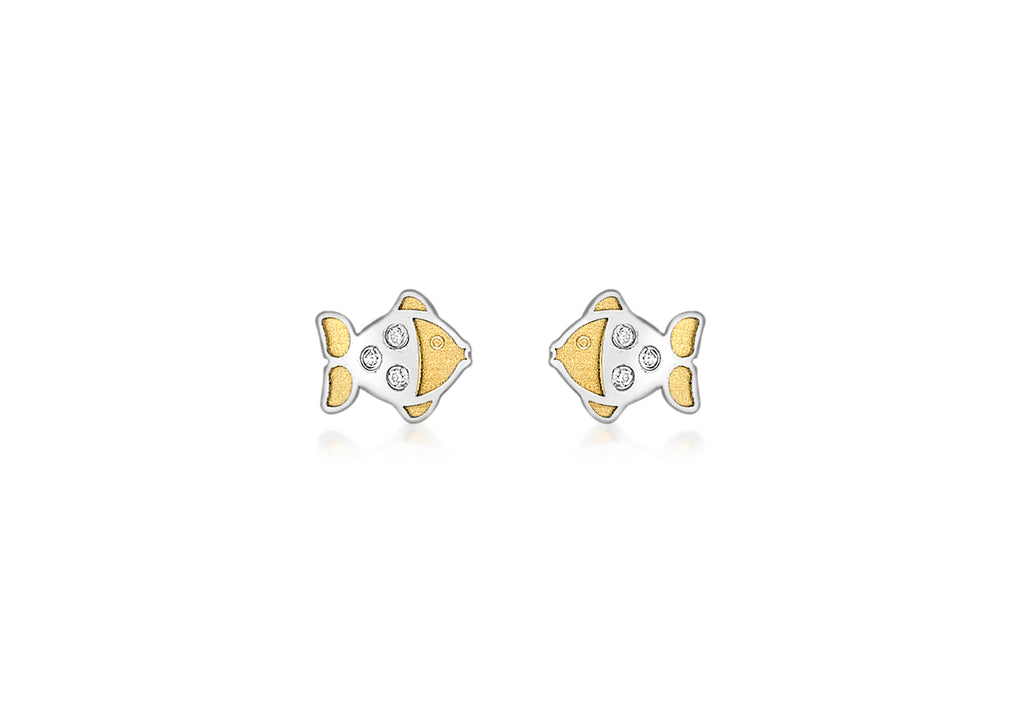 9ct 2-Colour Gold Zirconia  Fish Stud Earrings